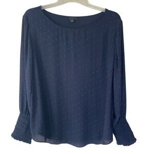 Ann Taylor Navy Blouse with Pink Dot Pattern